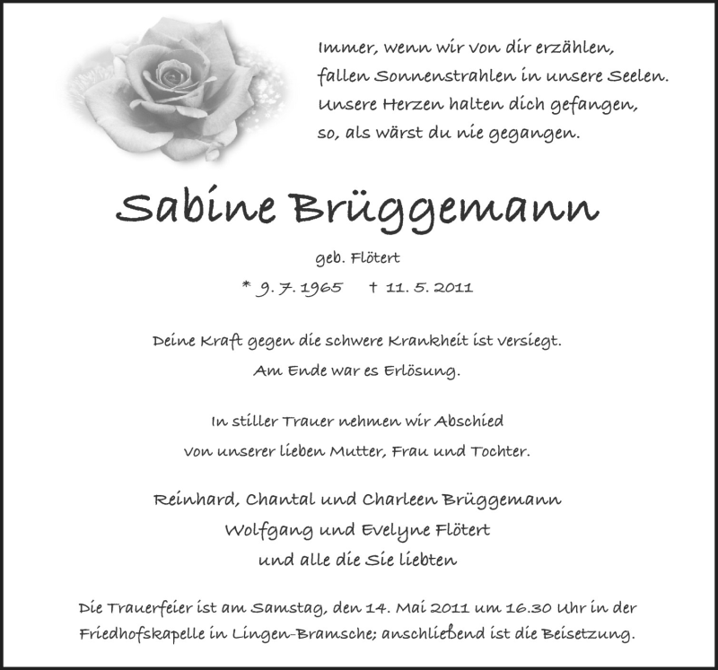  Traueranzeige für Sabine Brüggemann vom 13.05.2011 aus Neue Osnabrücker Zeitung GmbH & Co. KG