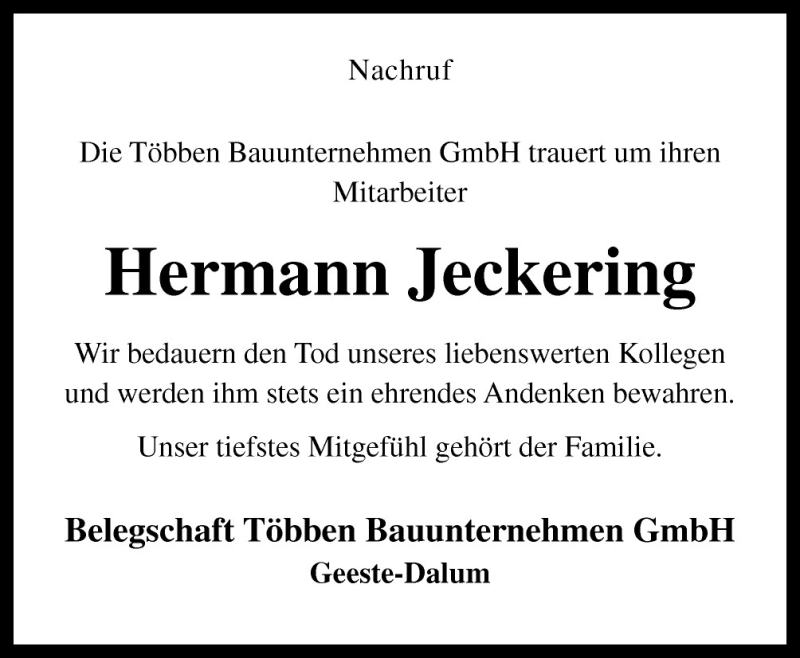  Traueranzeige für Hermann Jeckering vom 13.05.2011 aus Neue Osnabrücker Zeitung GmbH & Co. KG