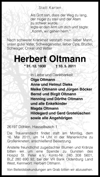 Traueranzeige von Herbert Oltmann von Neue Osnabrücker Zeitung GmbH & Co. KG