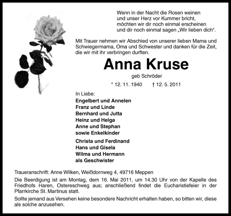  Traueranzeige für Anna Kruse vom 14.05.2011 aus Neue Osnabrücker Zeitung GmbH & Co. KG