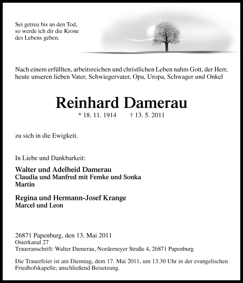  Traueranzeige für Reinhard Damerau vom 14.05.2011 aus Neue Osnabrücker Zeitung GmbH & Co. KG