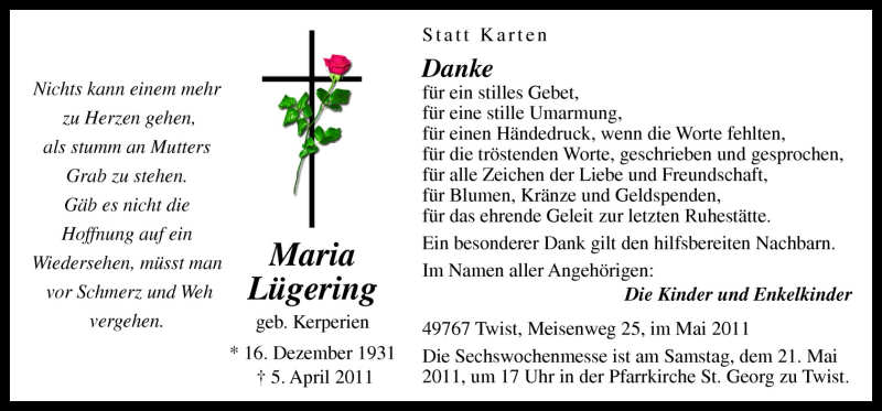  Traueranzeige für Maria Lügering vom 18.05.2011 aus Neue Osnabrücker Zeitung GmbH & Co. KG