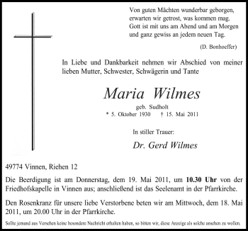 Traueranzeige von Maria Wilmes von Neue Osnabrücker Zeitung GmbH & Co. KG
