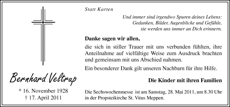  Traueranzeige für Bernhard Veltrup vom 21.05.2011 aus Neue Osnabrücker Zeitung GmbH & Co. KG