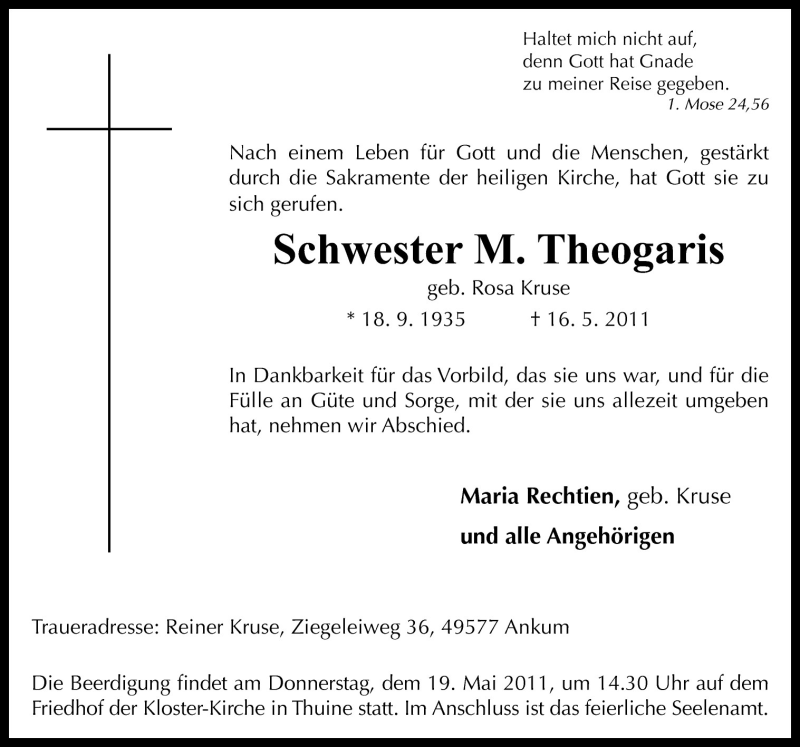  Traueranzeige für Schwester M. Theogaris vom 18.05.2011 aus Neue Osnabrücker Zeitung GmbH & Co. KG