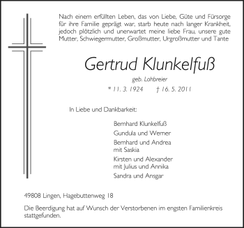 Traueranzeige von Gertrud Klunkelfuß von Neue Osnabrücker Zeitung GmbH & Co. KG