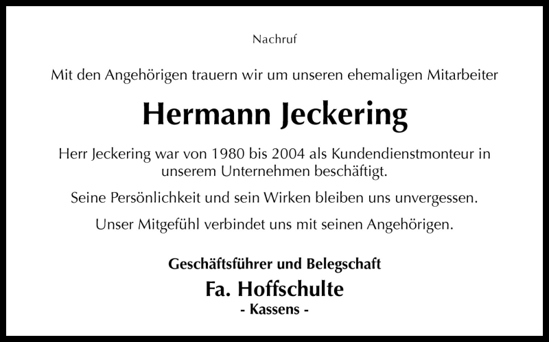  Traueranzeige für Hermann Jeckering vom 20.05.2011 aus Neue Osnabrücker Zeitung GmbH & Co. KG