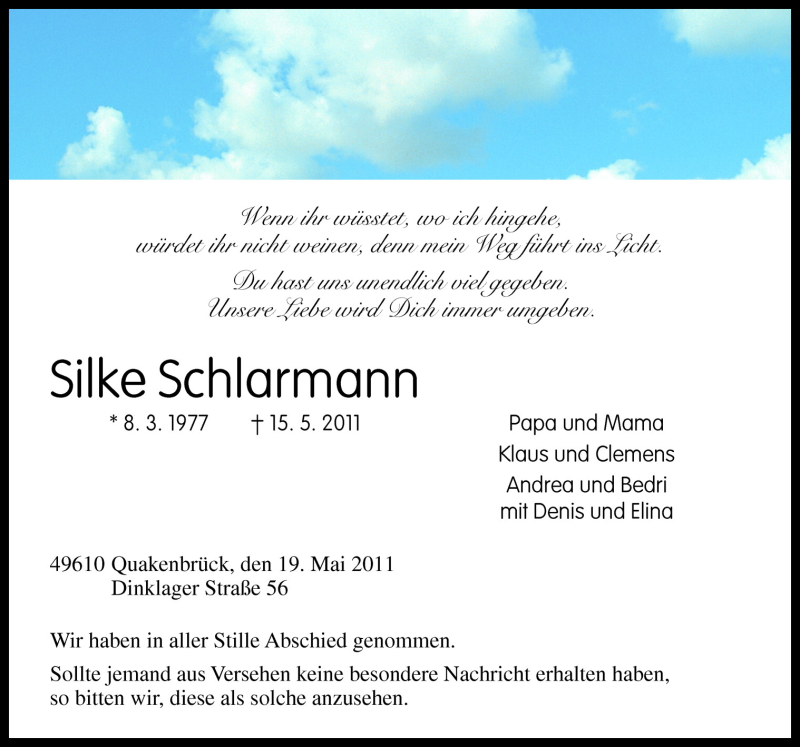  Traueranzeige für Silke Schlarmann vom 21.05.2011 aus Neue Osnabrücker Zeitung GmbH & Co. KG