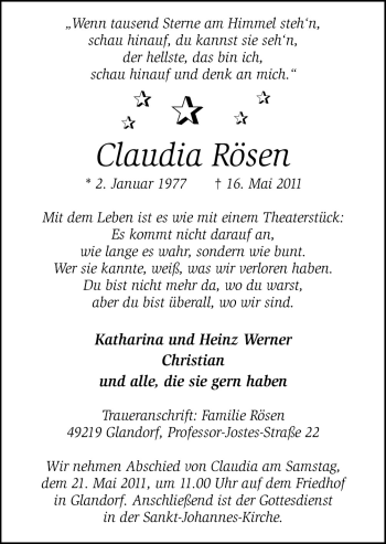 Traueranzeige von Claudia Rösen von Neue Osnabrücker Zeitung GmbH & Co. KG