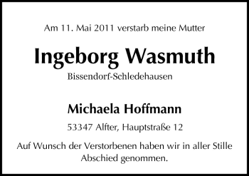 Traueranzeige von Ingeborg Wasmuth von Neue Osnabrücker Zeitung GmbH & Co. KG