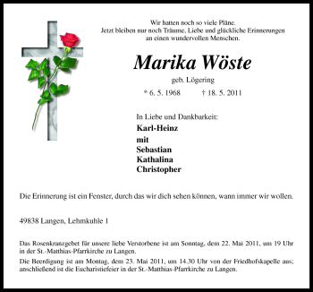 Traueranzeige von Marika Wöste von Neue Osnabrücker Zeitung GmbH & Co. KG