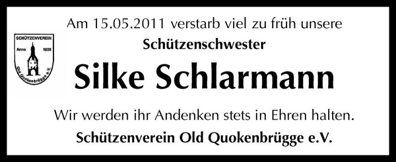  Traueranzeige für Silke Schlarmann vom 24.05.2011 aus Neue Osnabrücker Zeitung GmbH & Co. KG