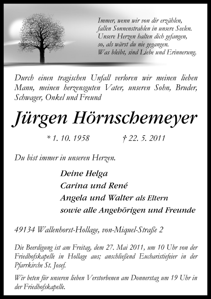  Traueranzeige für Jürgen Hörnschemeyer vom 24.05.2011 aus Neue Osnabrücker Zeitung GmbH & Co. KG