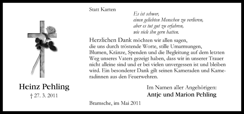  Traueranzeige für Heinz Pehling vom 28.05.2011 aus Neue Osnabrücker Zeitung GmbH & Co. KG