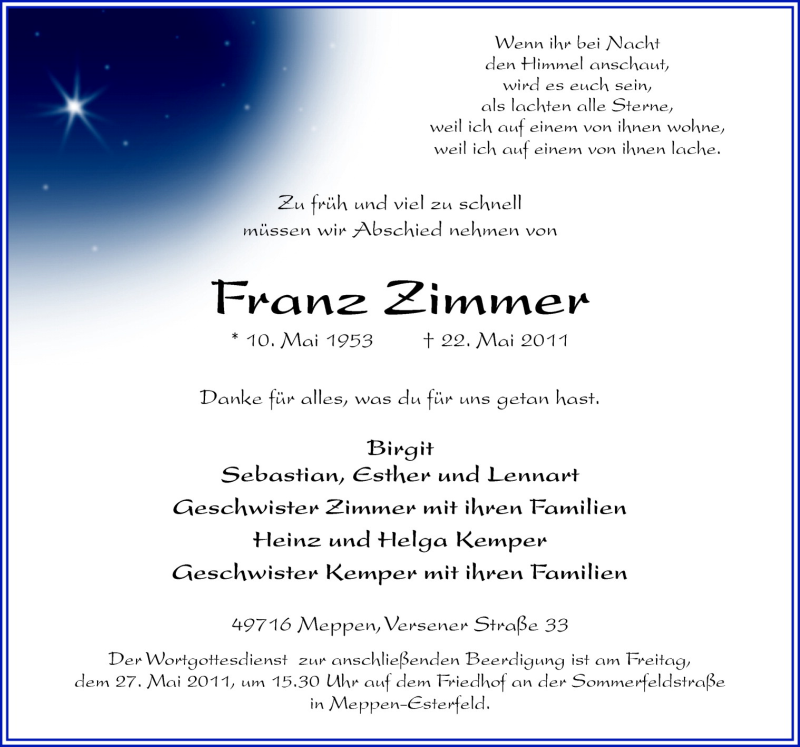  Traueranzeige für Franz Zimmer vom 25.05.2011 aus Neue Osnabrücker Zeitung GmbH & Co. KG