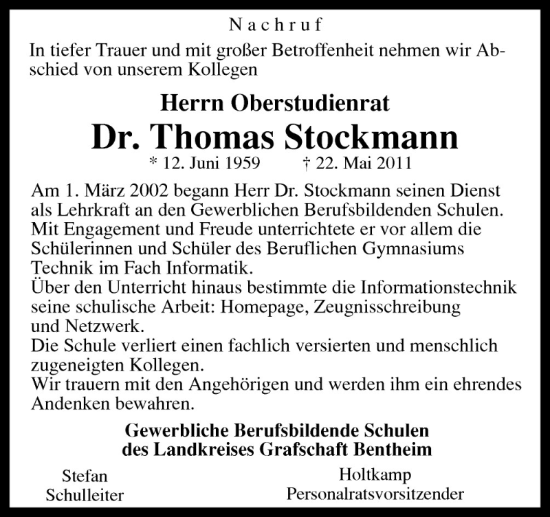  Traueranzeige für Thomas Stockmann vom 25.05.2011 aus Neue Osnabrücker Zeitung GmbH & Co. KG