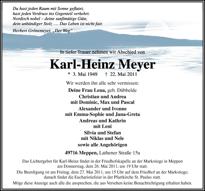  Traueranzeige für Karl-Heinz Meyer vom 25.05.2011 aus Neue Osnabrücker Zeitung GmbH & Co. KG