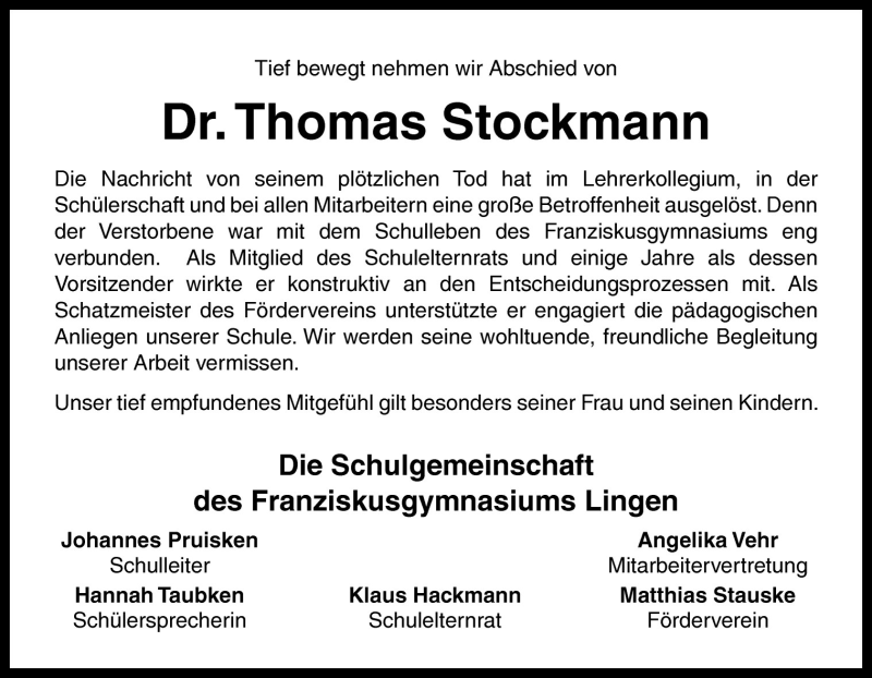  Traueranzeige für Thomas Stockmann vom 26.05.2011 aus Neue Osnabrücker Zeitung GmbH & Co. KG