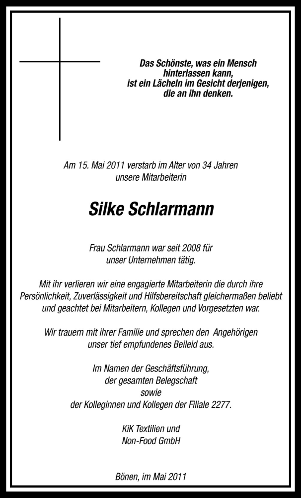  Traueranzeige für Silke Schlarmann vom 28.05.2011 aus Neue Osnabrücker Zeitung GmbH & Co. KG