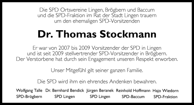  Traueranzeige für Thomas Stockmann vom 26.05.2011 aus Neue Osnabrücker Zeitung GmbH & Co. KG