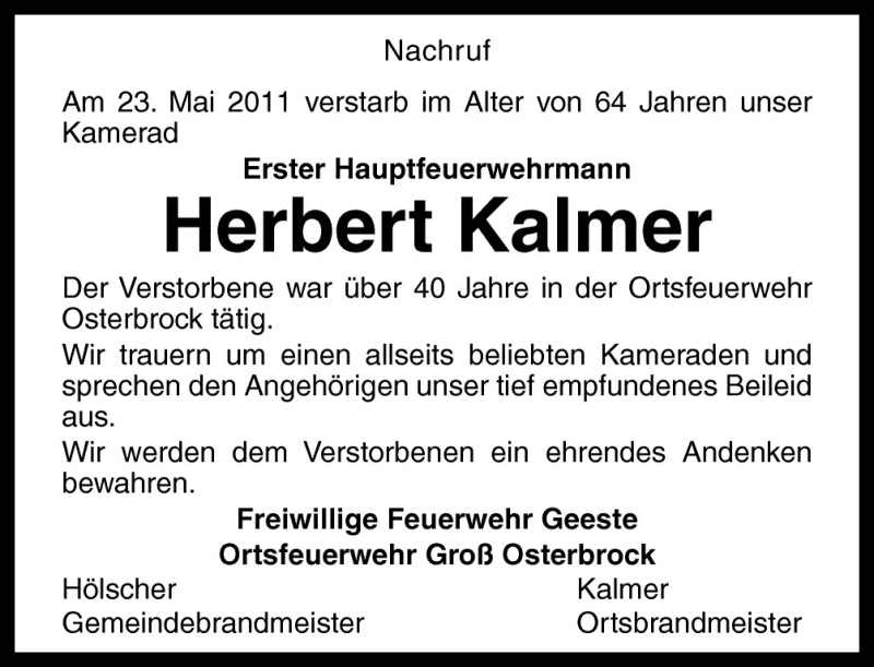  Traueranzeige für Herbert Kalmer vom 27.05.2011 aus Neue Osnabrücker Zeitung GmbH & Co. KG