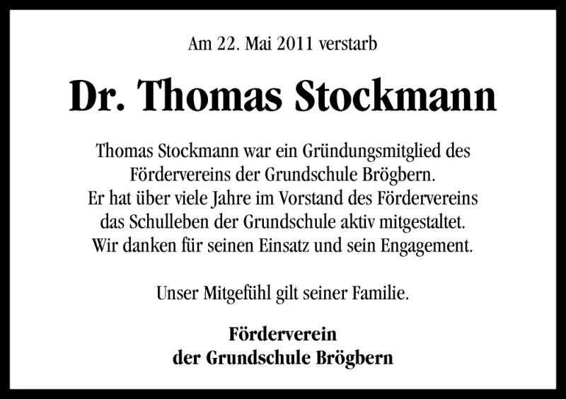  Traueranzeige für Thomas Stockmann vom 27.05.2011 aus Neue Osnabrücker Zeitung GmbH & Co. KG