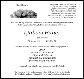 Traueranzeige von Ljubow Bauer von Neue Osnabrücker Zeitung GmbH & Co. KG