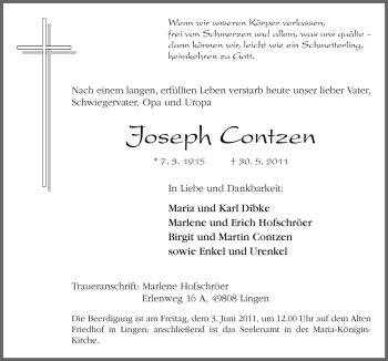 Traueranzeige von Joseph Contzen von Neue Osnabrücker Zeitung GmbH & Co. KG