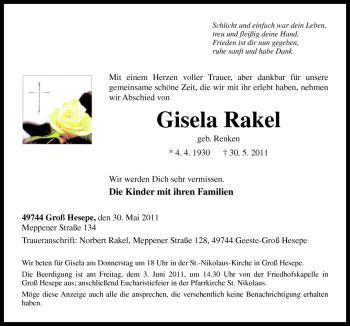 Traueranzeige von Gisela Rakel von Neue Osnabrücker Zeitung GmbH & Co. KG