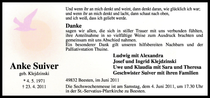  Traueranzeige für Anke Suiver vom 01.06.2011 aus Neue Osnabrücker Zeitung GmbH & Co. KG