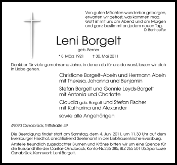 Traueranzeige von Leni Borgelt von Neue Osnabrücker Zeitung GmbH & Co. KG