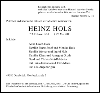 Traueranzeige von Heinz Hols von Neue Osnabrücker Zeitung GmbH & Co. KG