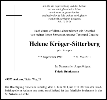 Traueranzeige von Helene Kröger-Sitterberg von Neue Osnabrücker Zeitung GmbH & Co. KG