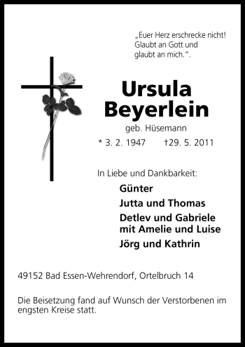 Traueranzeige von Ursula Beyerlein von Neue Osnabrücker Zeitung GmbH & Co. KG
