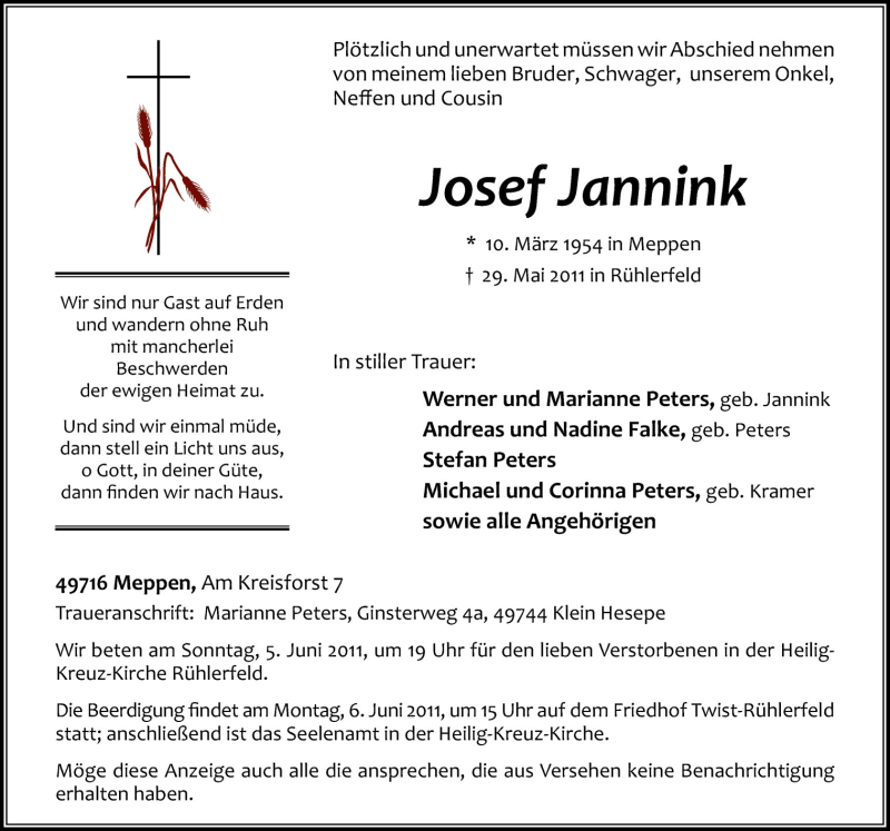  Traueranzeige für Josef Jannink vom 04.06.2011 aus Neue Osnabrücker Zeitung GmbH & Co. KG