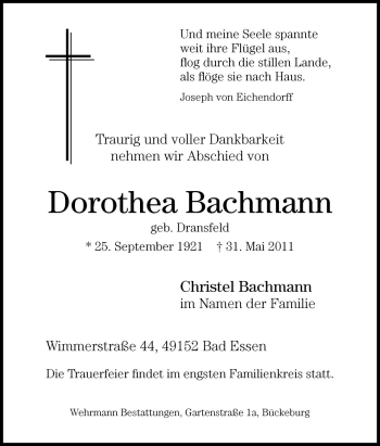 Traueranzeige von Dorothea Bachmann von Neue Osnabrücker Zeitung GmbH & Co. KG