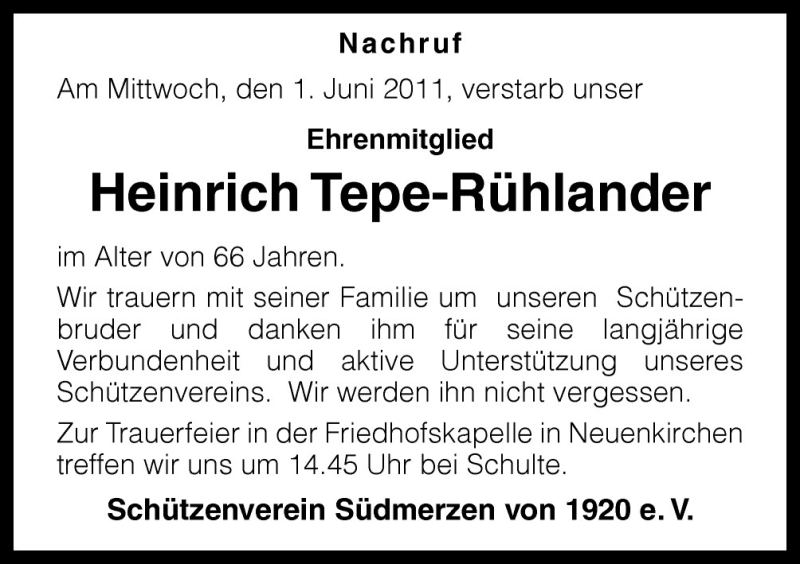  Traueranzeige für Heinrich Tepe-Rühlander vom 06.06.2011 aus Neue Osnabrücker Zeitung GmbH & Co. KG