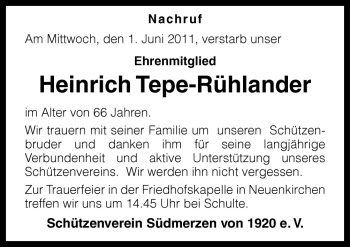 Traueranzeige von Heinrich Tepe-Rühlander von Neue Osnabrücker Zeitung GmbH & Co. KG
