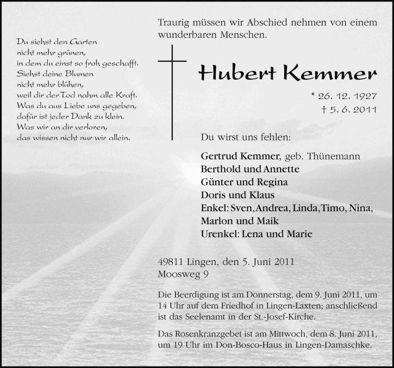  Traueranzeige für Hubert Kemmer vom 07.06.2011 aus Neue Osnabrücker Zeitung GmbH & Co. KG