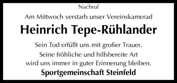 Traueranzeige von Heinrich Tepe-Rühlander von Neue Osnabrücker Zeitung GmbH & Co. KG