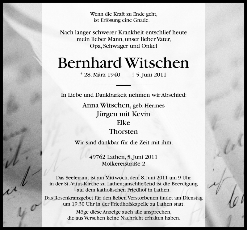  Traueranzeige für Bernhard Witschen vom 07.06.2011 aus Neue Osnabrücker Zeitung GmbH & Co. KG