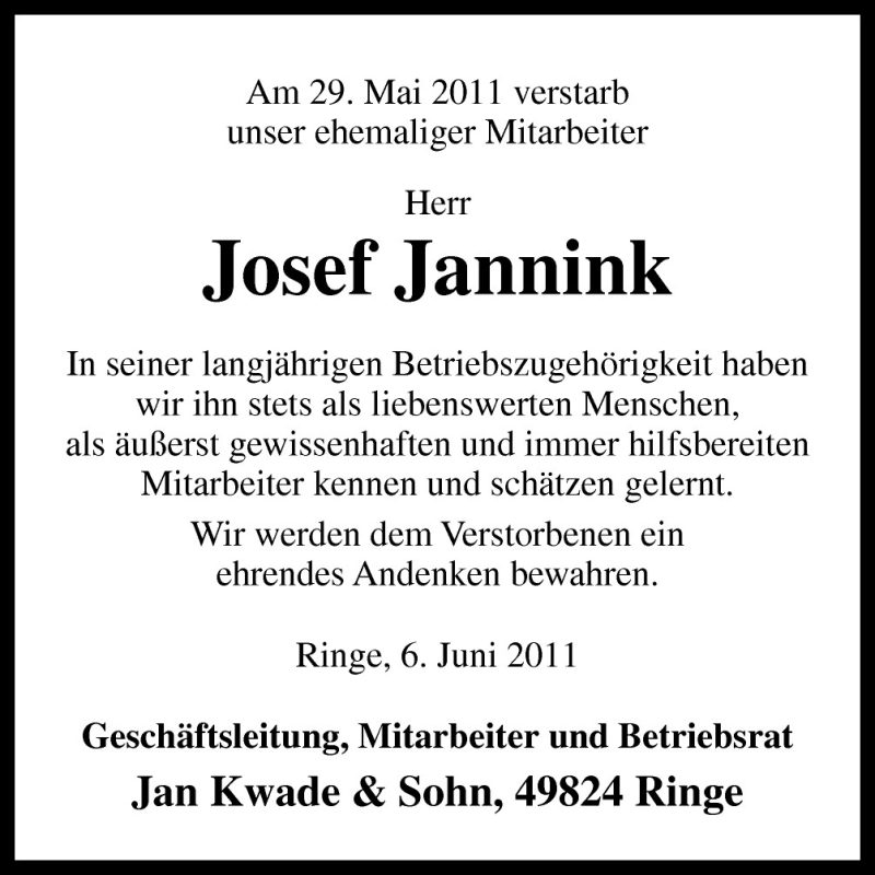  Traueranzeige für Josef Jannink vom 07.06.2011 aus Neue Osnabrücker Zeitung GmbH & Co. KG