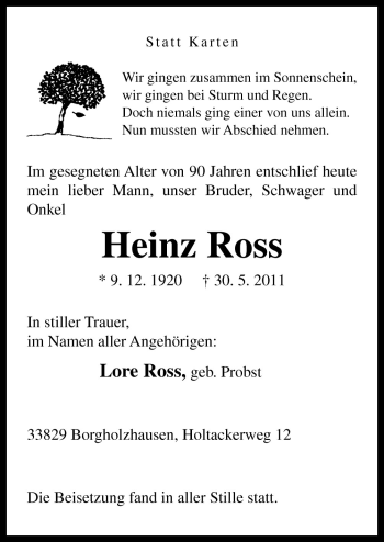 Traueranzeige von Heinz Ross von Neue Osnabrücker Zeitung GmbH & Co. KG