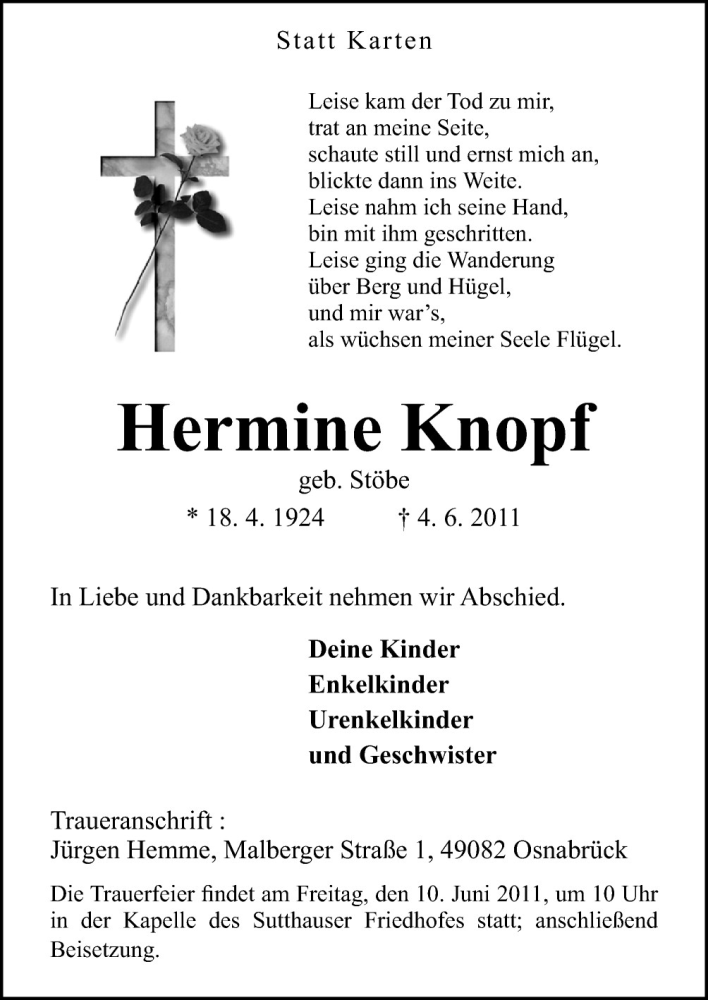  Traueranzeige für Hermine Knopf vom 08.06.2011 aus Neue Osnabrücker Zeitung GmbH & Co. KG
