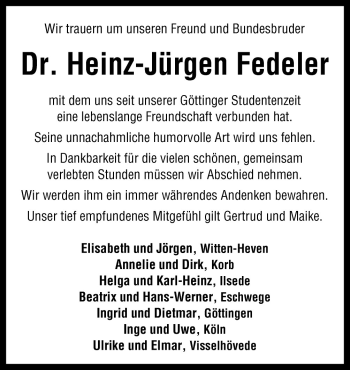 Traueranzeige von Heinz-Jürgen Fedeler von Neue Osnabrücker Zeitung GmbH & Co. KG