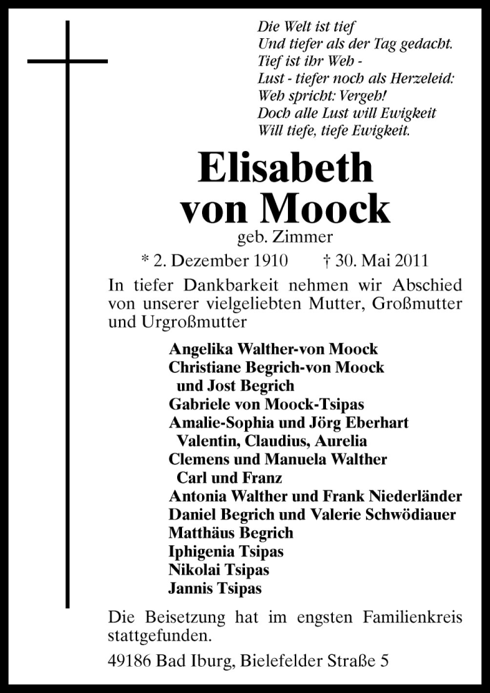  Traueranzeige für Elisabeth von Moock vom 11.06.2011 aus Neue Osnabrücker Zeitung GmbH & Co. KG