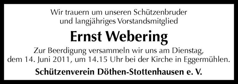  Traueranzeige für Ernst Webering vom 11.06.2011 aus Neue Osnabrücker Zeitung GmbH & Co. KG