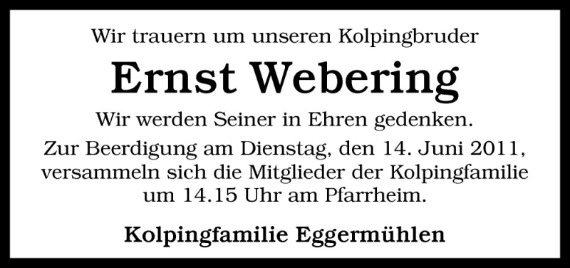  Traueranzeige für Ernst Webering vom 11.06.2011 aus Neue Osnabrücker Zeitung GmbH & Co. KG