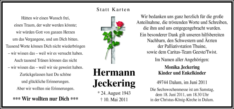  Traueranzeige für Hermann Jeckering vom 16.06.2011 aus Neue Osnabrücker Zeitung GmbH & Co. KG