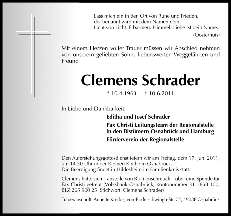  Traueranzeige für Clemens Schrader vom 14.06.2011 aus Neue Osnabrücker Zeitung GmbH & Co. KG